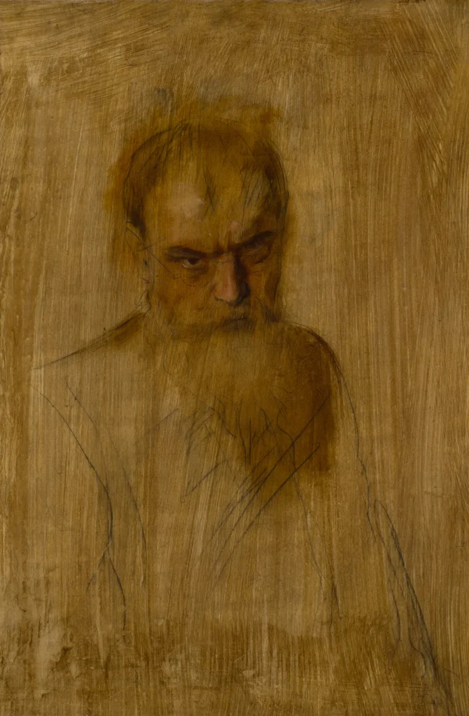 Franz von Lenbach, Selbstbildnis (Blick über den Brillenrand), undatiert, Öl auf Pappe